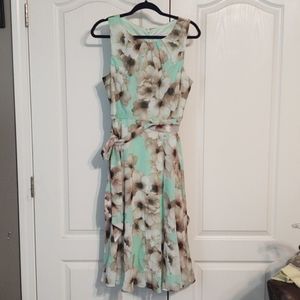 Seafoam dress with tan flowers. Flowy skirt with w